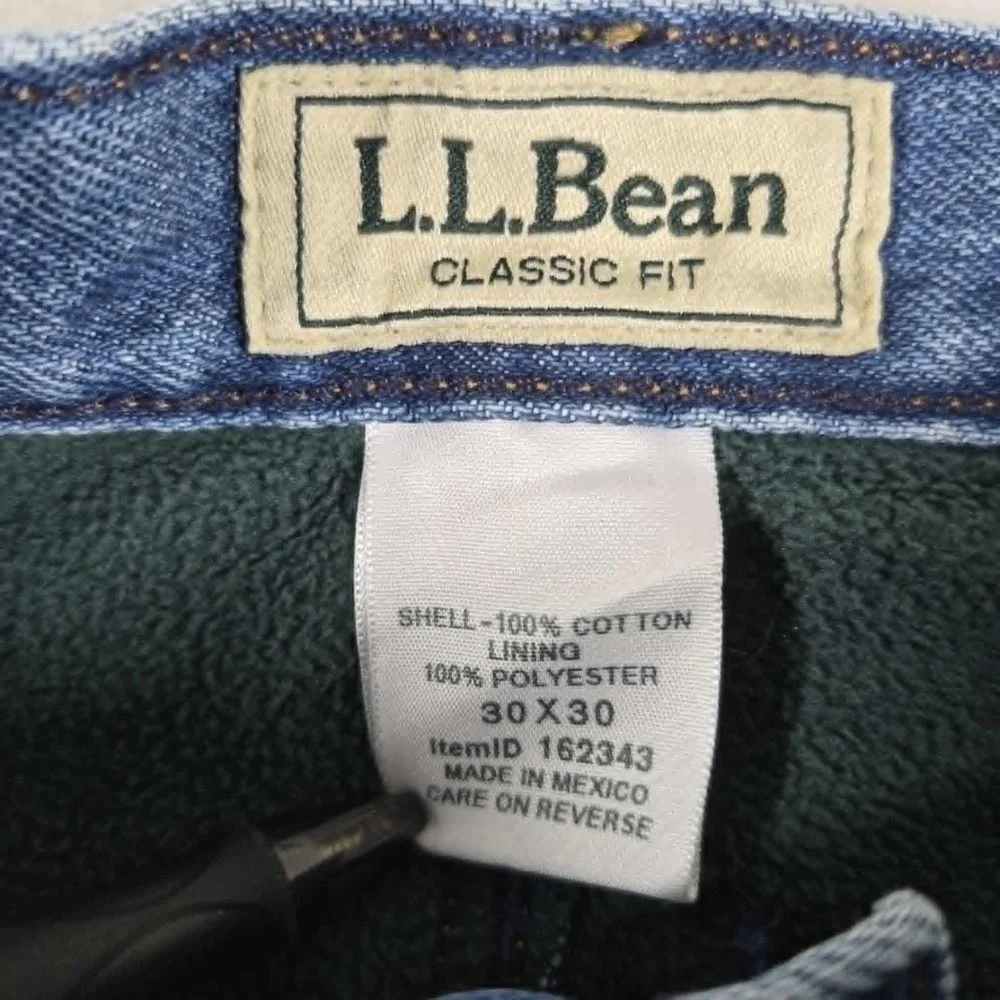 LL Bean Double L Jeans Men's 30x30 Blue Denim Classic Fit‎ Fleece Lined NWT